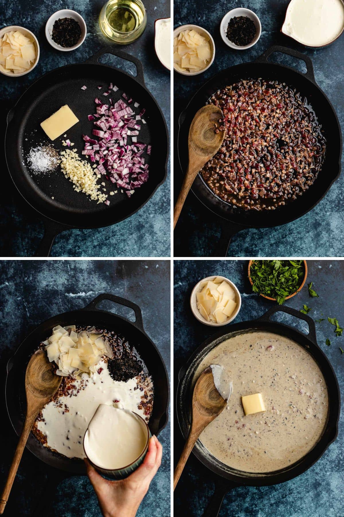 Truffle Pasta collage preparing sauce