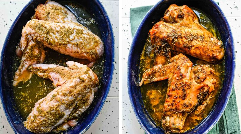 Turkey Wings two picture collage wings in pan before and after baking 