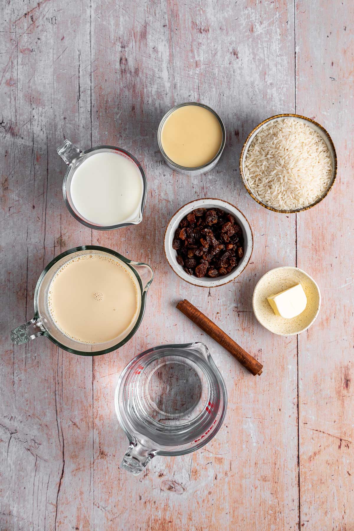 Arroz con Leche ingredients in separate bowls