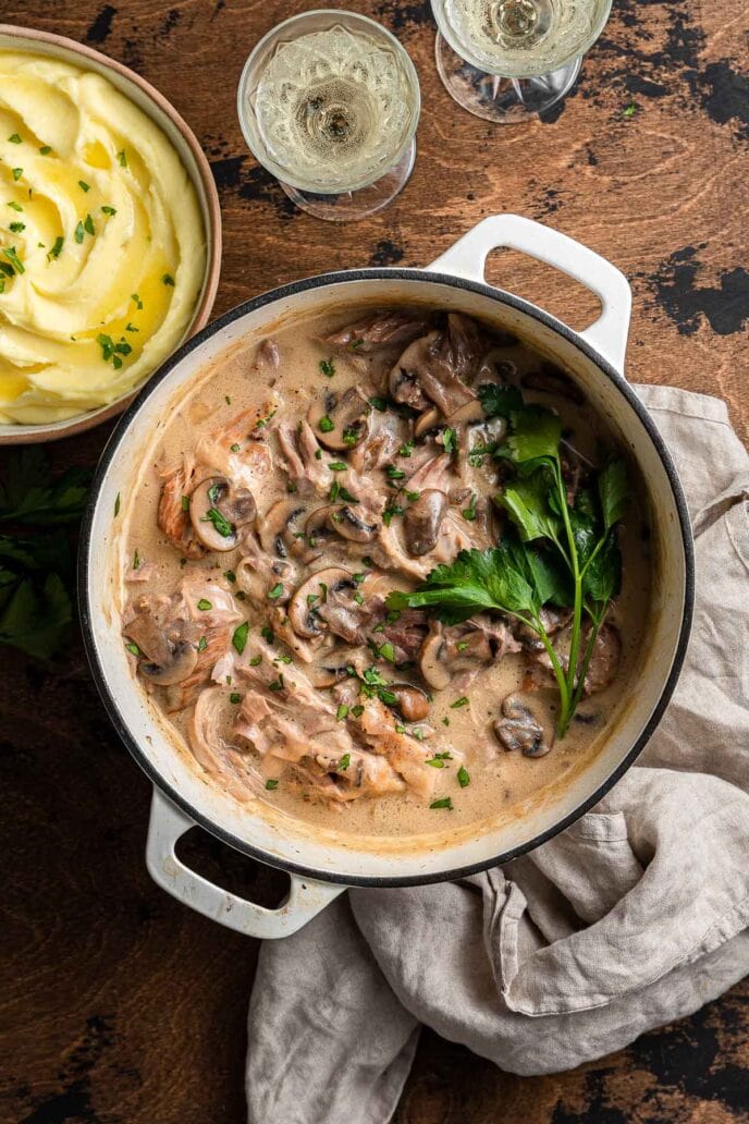 Braised Roast Pork with Mushroom Gravy in a pot