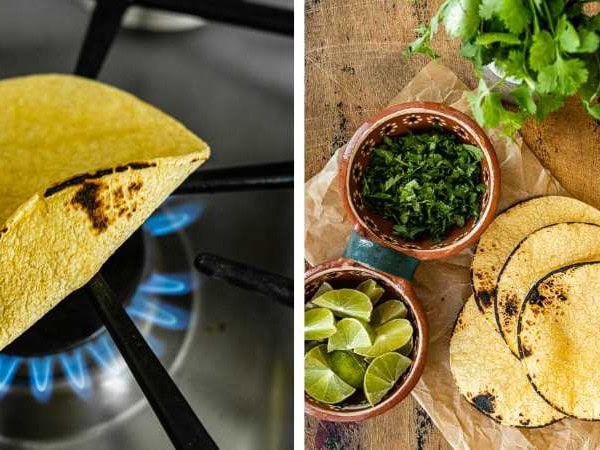 Making the chicken Tinga tacos with the tortilla on the gas stove