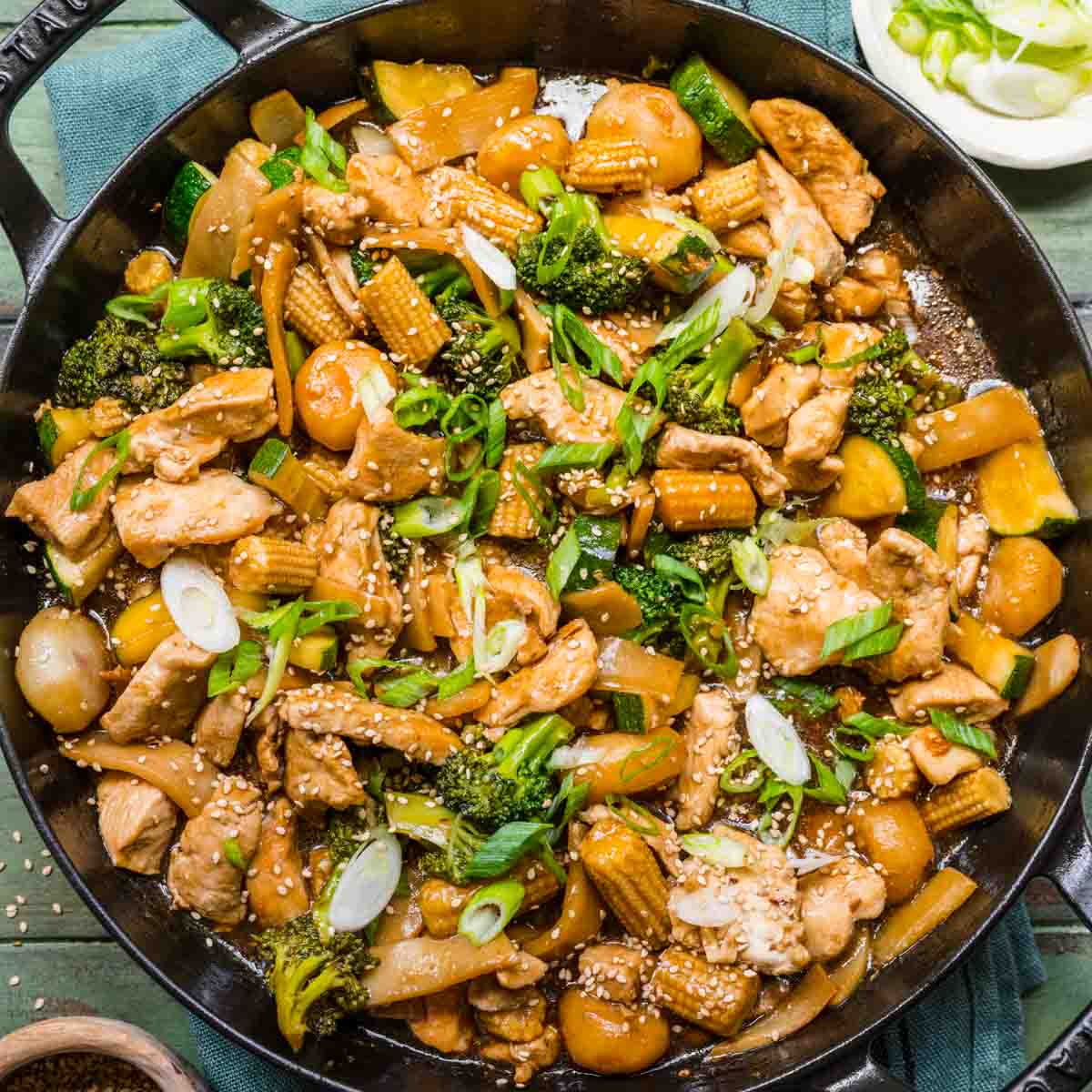 Aerial view of finished dish in pan