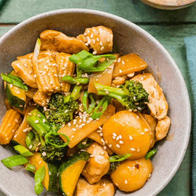 Chicken and vegetables in a bowl