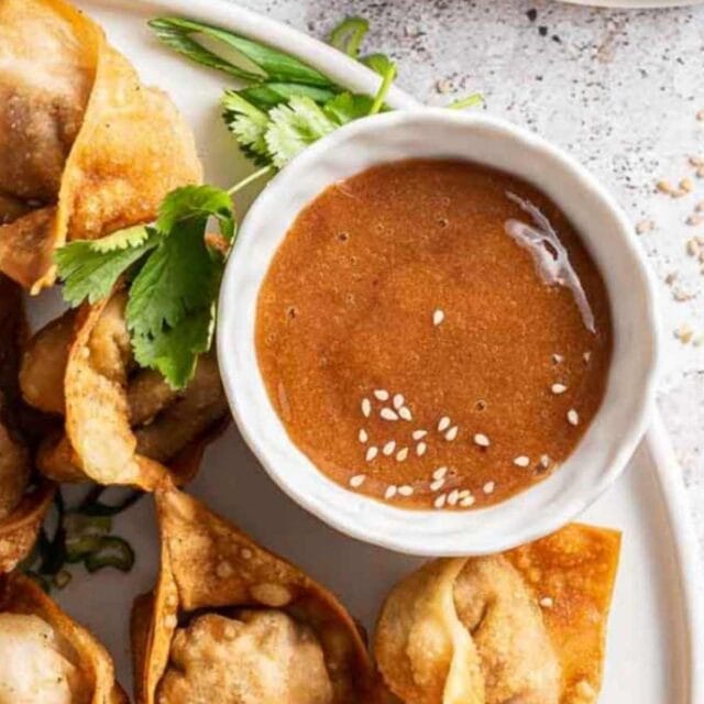 Duck Sauce finished sauce in bowl plated with wontons