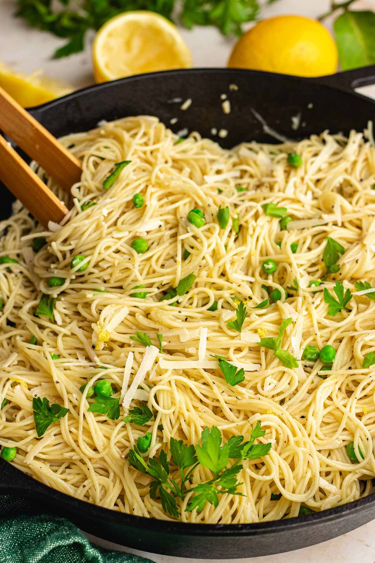 Garlic pasta finished, topped with parsley