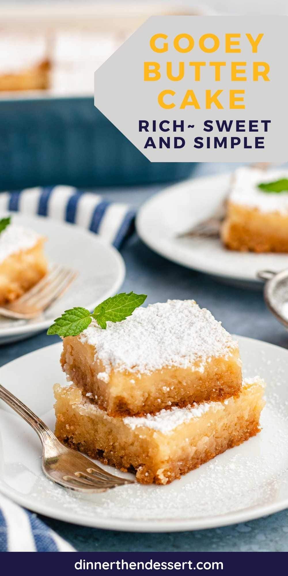 PIN image of two slices of Gooey Butter Cake on a plate with a fork.