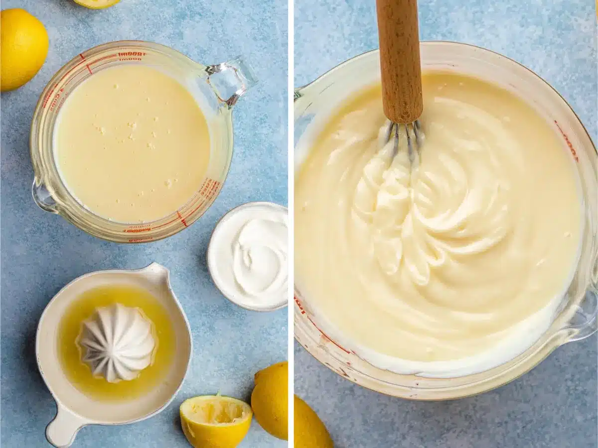 collage of ingredients in measuring cups and mixed together in a bowl with a whisk
