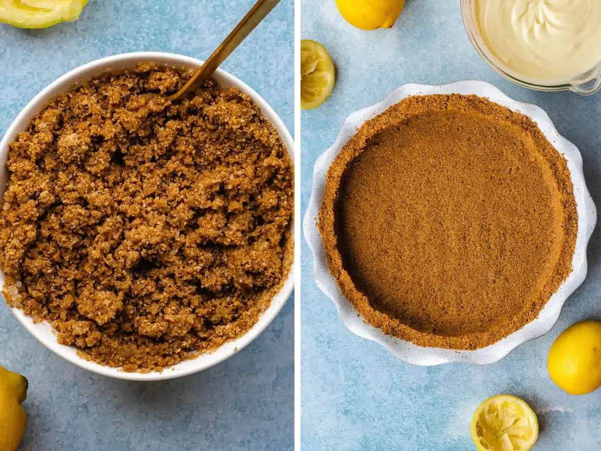 pie crust mixed up in a bowl and then pressed down in pie dish