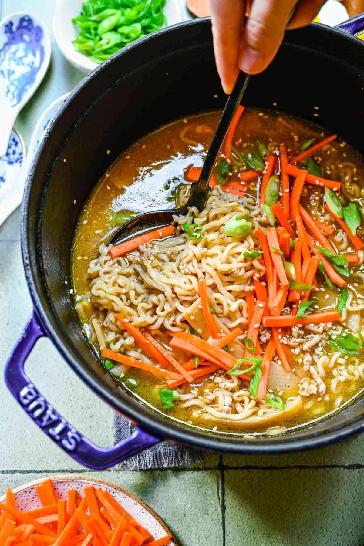 Miso Ramen cooked ramen in pot with spoon