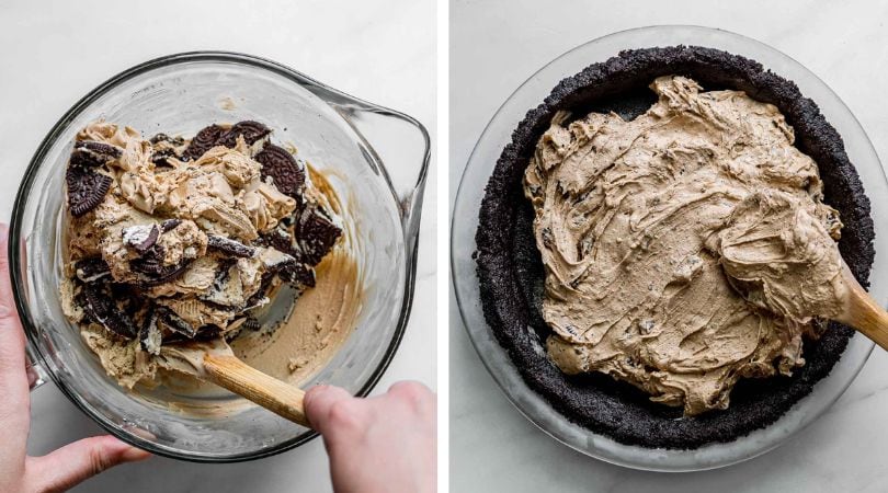 Oreo Coffee Ice Cream Pie mixing ice cream filling and spreading it in crust collage