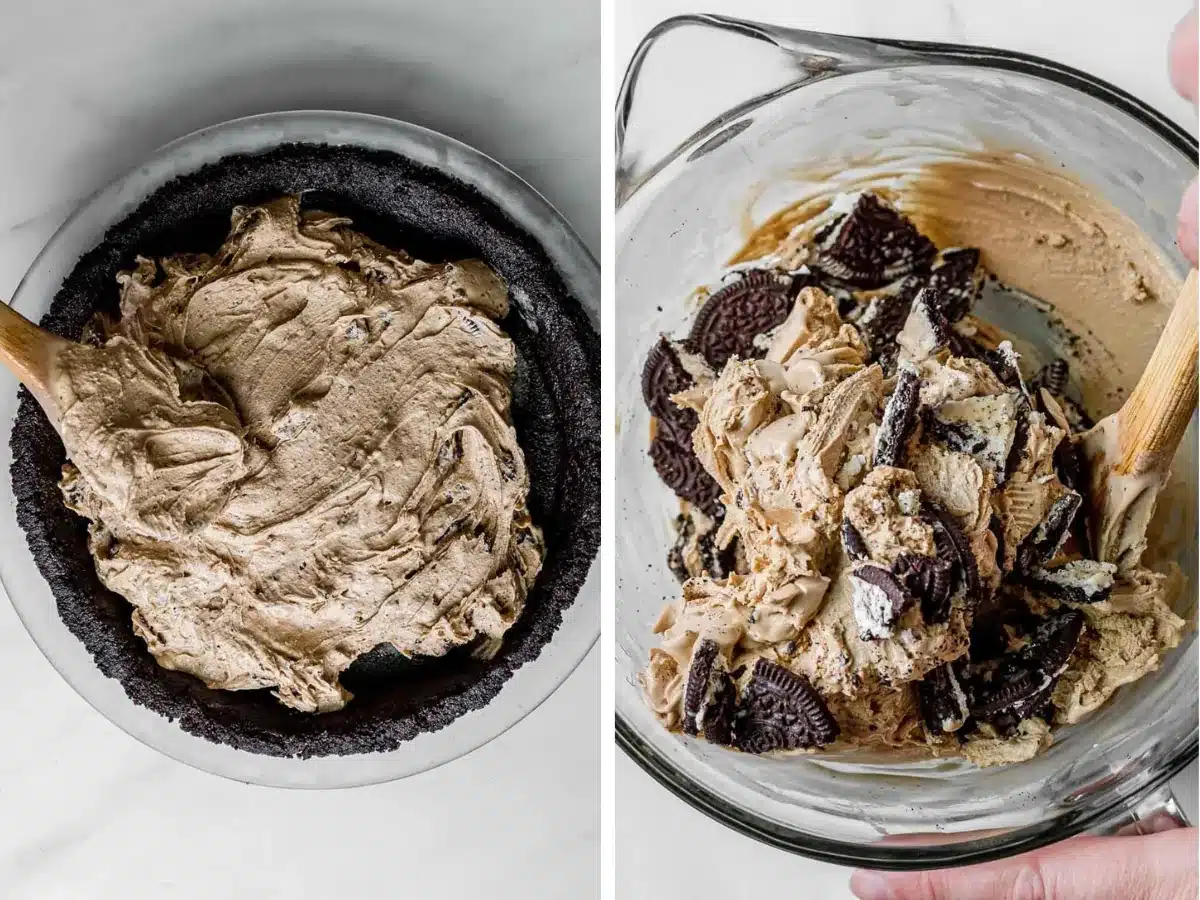 collage of Oreo mixture in a bowl and mixture in the pie crust