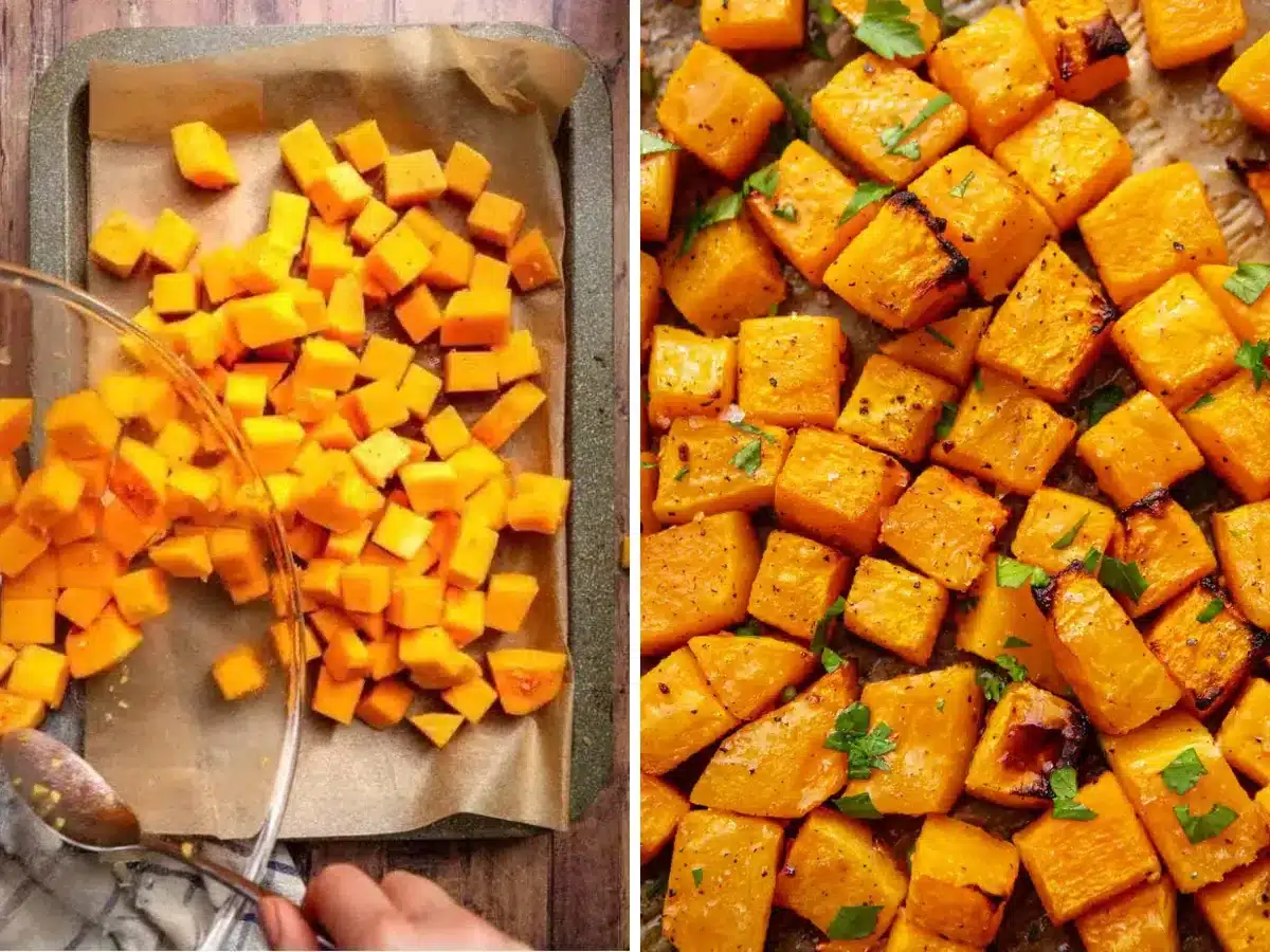collage of before and after cooking squash