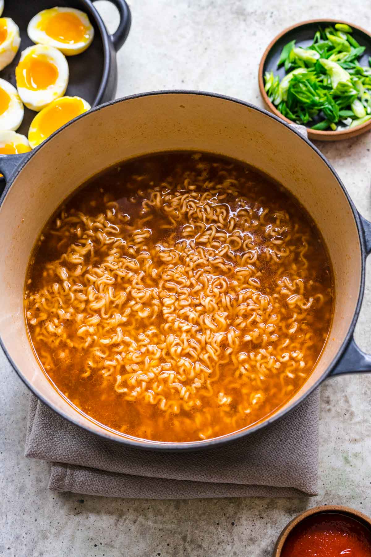 Spicy Ramen cooked ramen in broth in pot