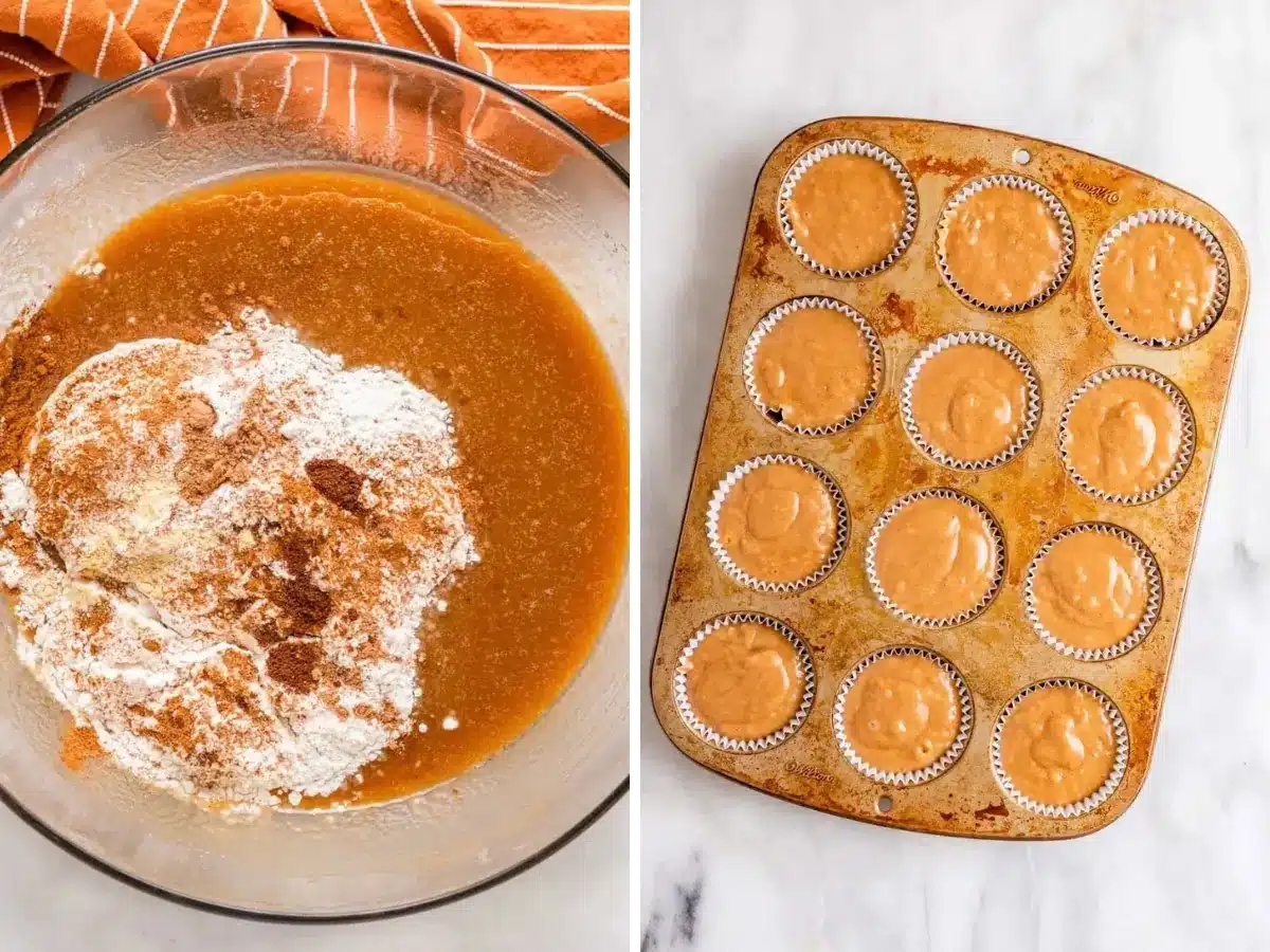 mixing batter and adding it to muffin tin collage