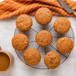 muffins on a wire rack with coffee on side