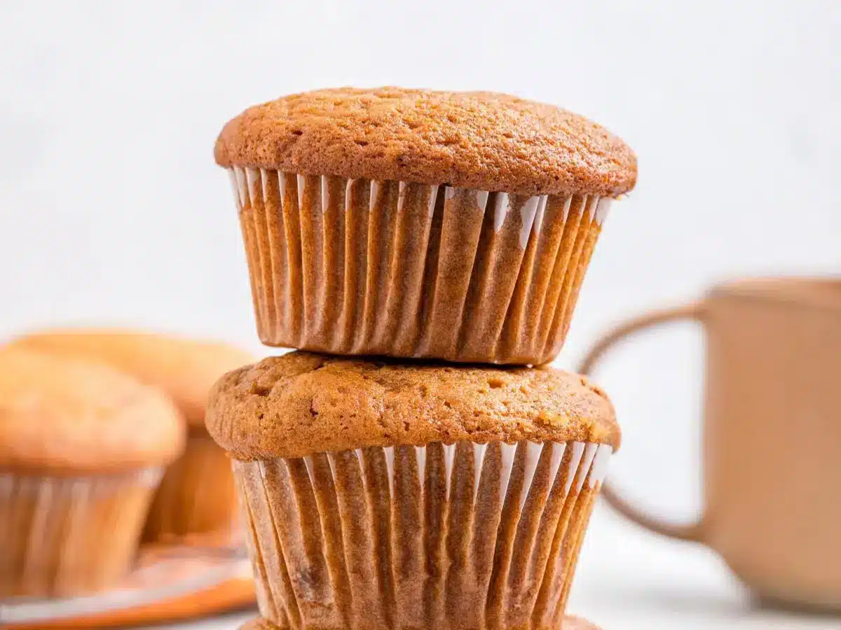 Side view of two muffins stacked on top of eachother