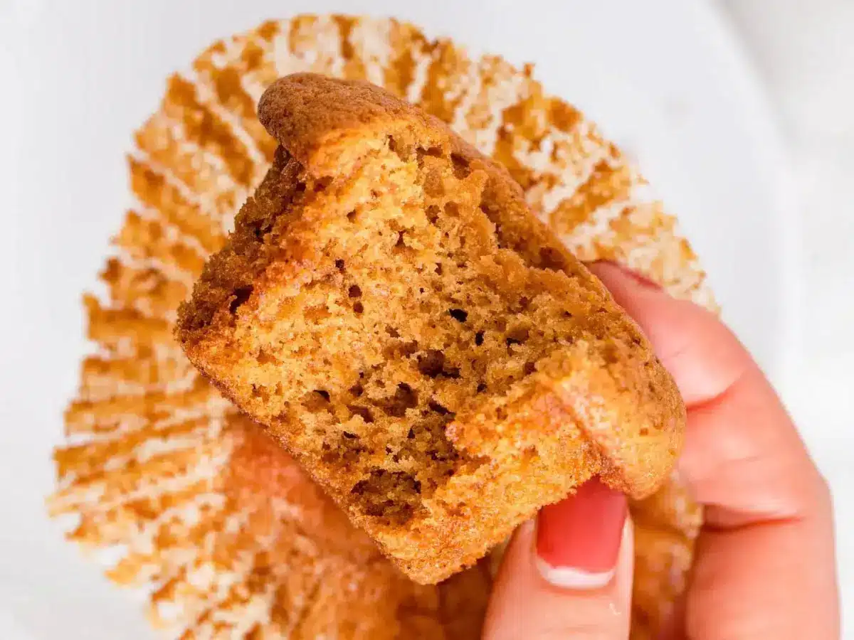Muffin taken out of muffin wrapper with a bite taken out of it