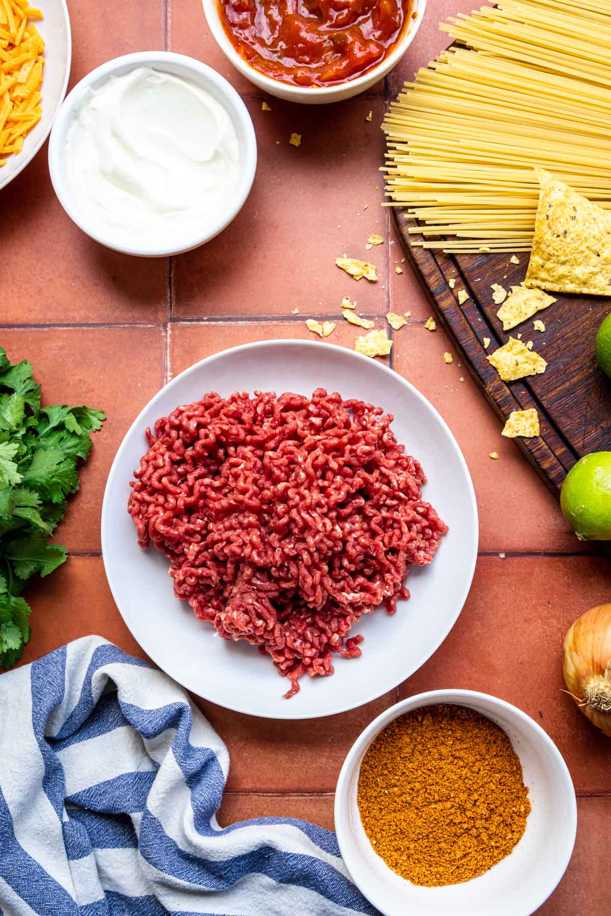 Taco Spaghetti ingredients separated and laid out