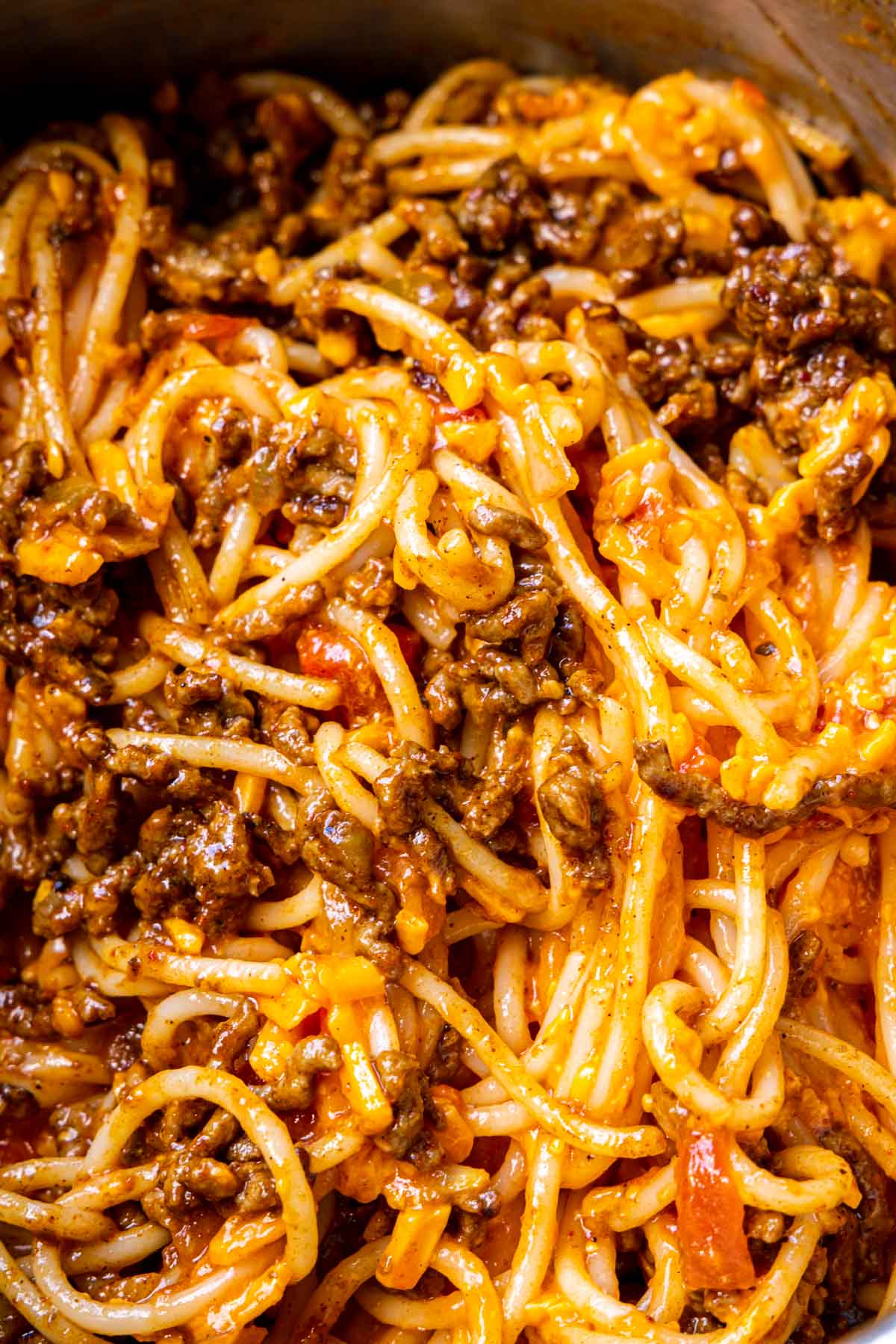 Taco Spaghetti finished pasta dish close up