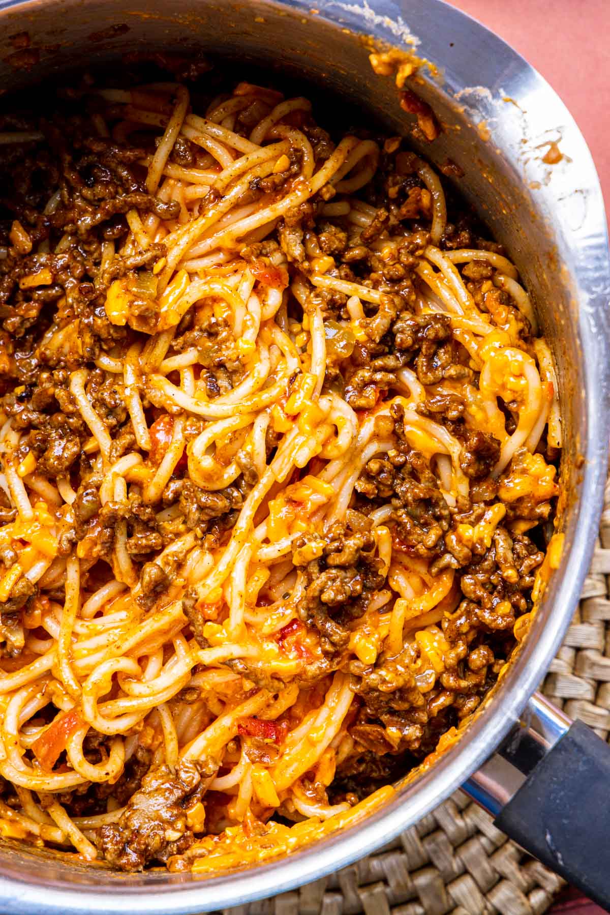 Taco Spaghetti finished pasta dish in pot