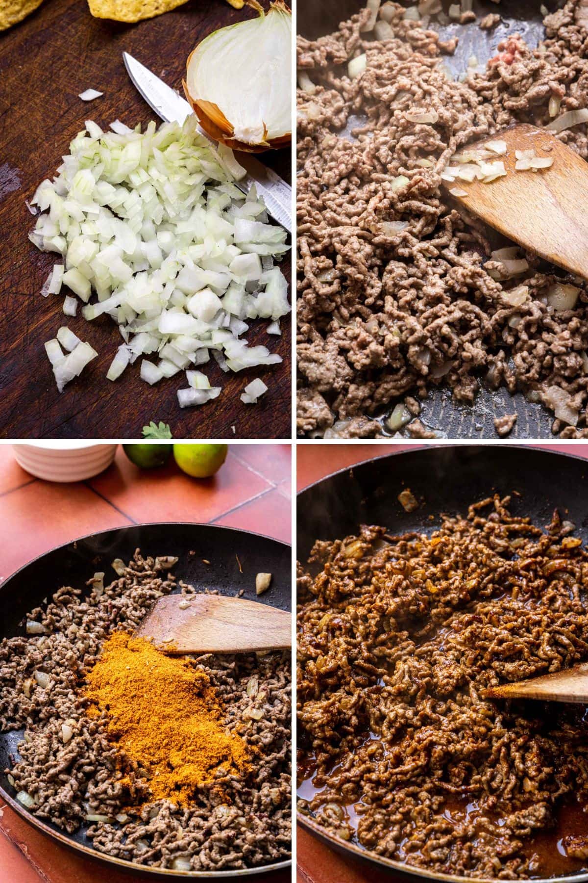 Taco Spaghetti cooking taco meat 4 picture collage