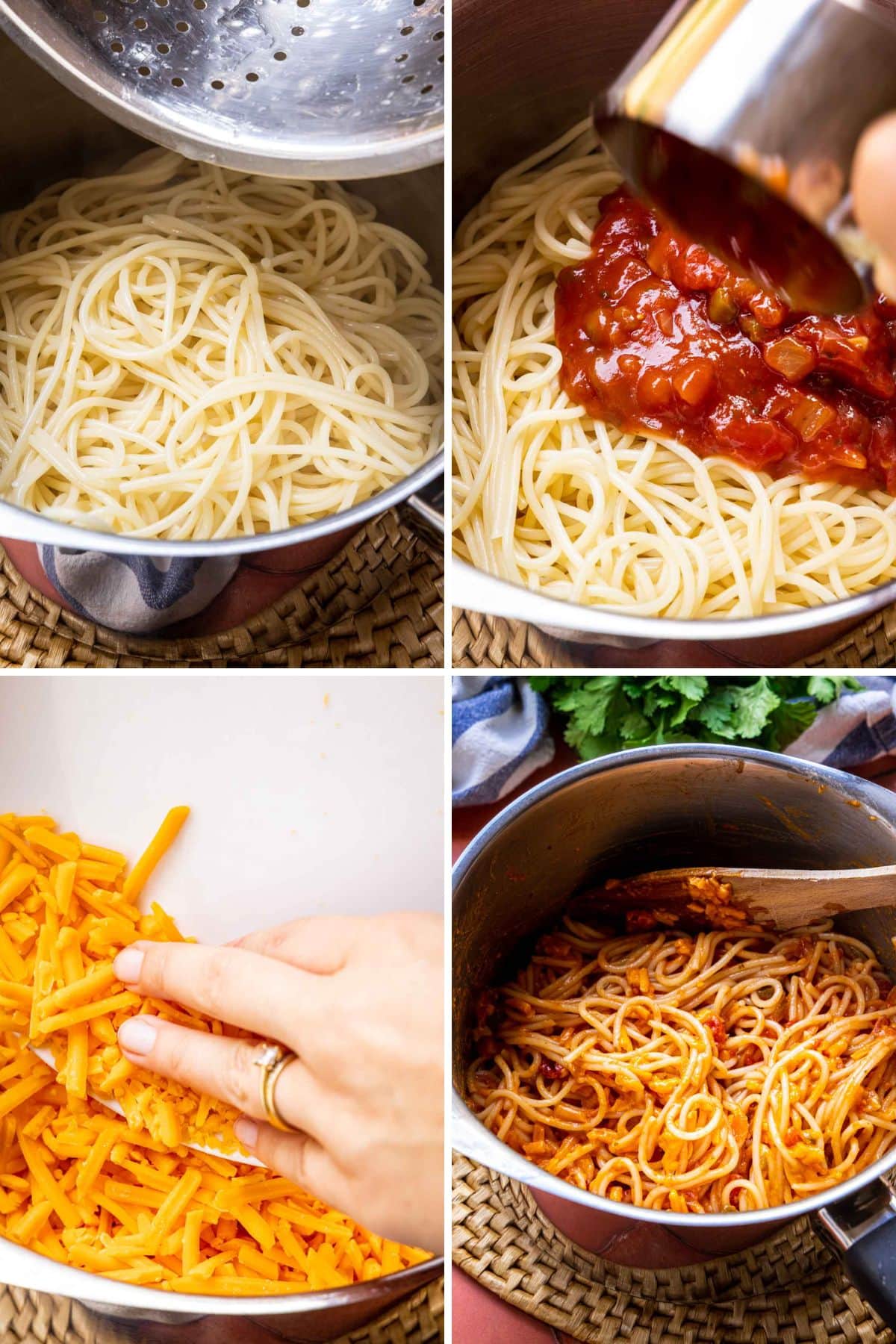 Taco Spaghetti preparing pasta in pan before meat 4 picture collage