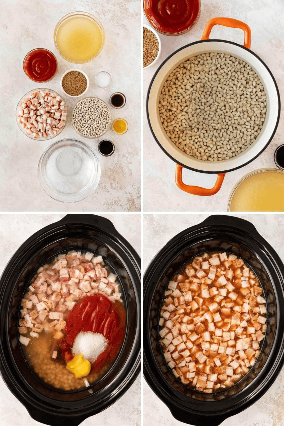 Process collage of adding bean ingredients to slow cooker