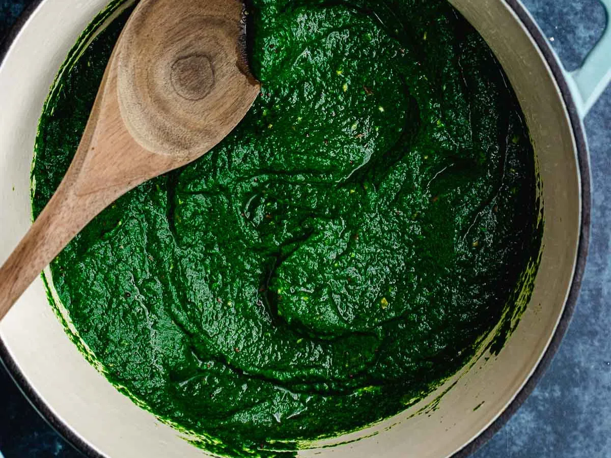 Pureed spinach in pan.