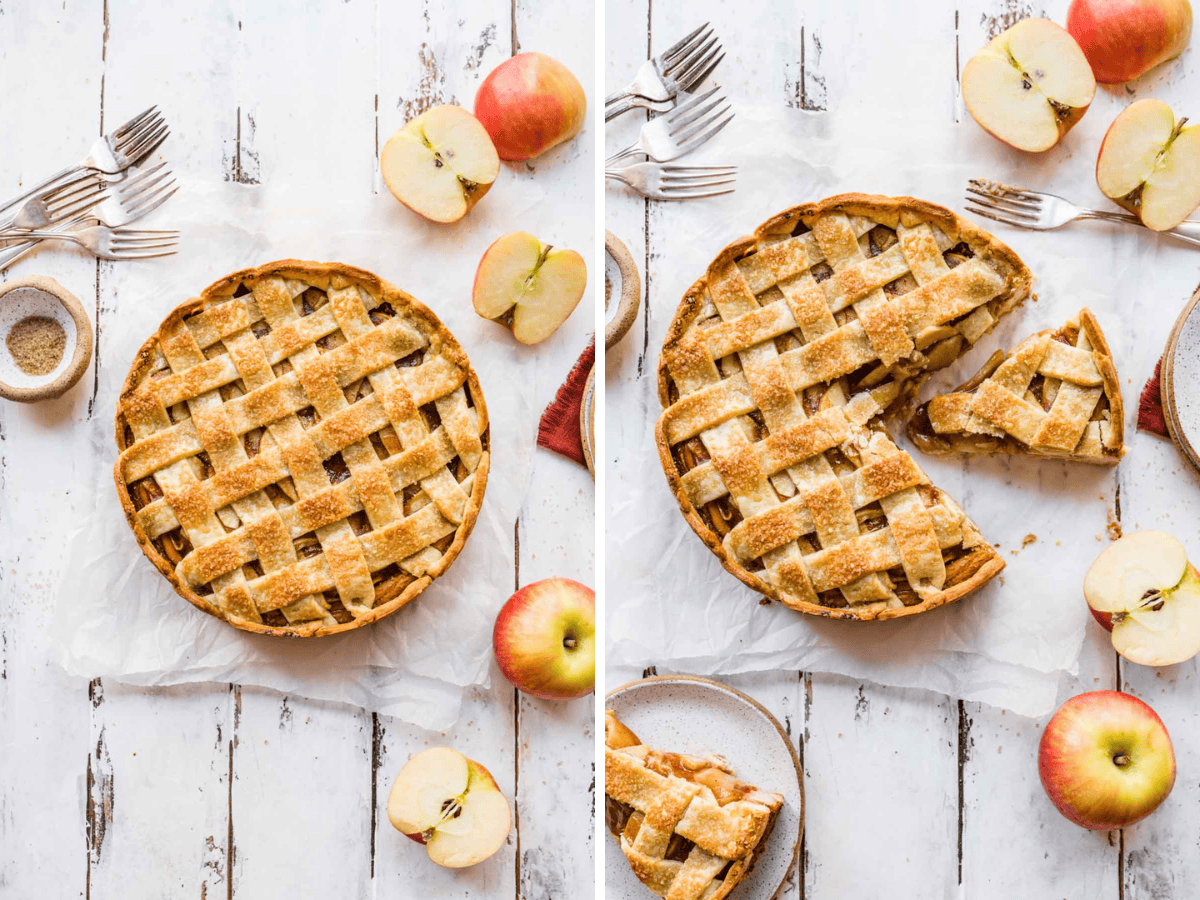 Collage of pie top view whole and with slice cut
