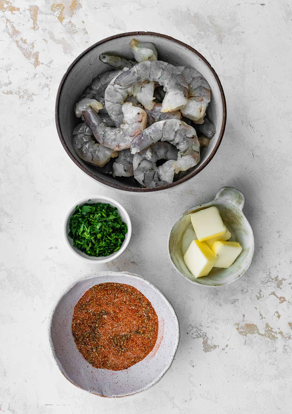 Cajun Shrimp ingredients in separate bowls