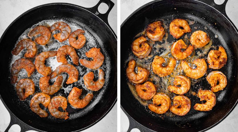 Cajun Shrimp before and after cooking shrimp in skillet collage