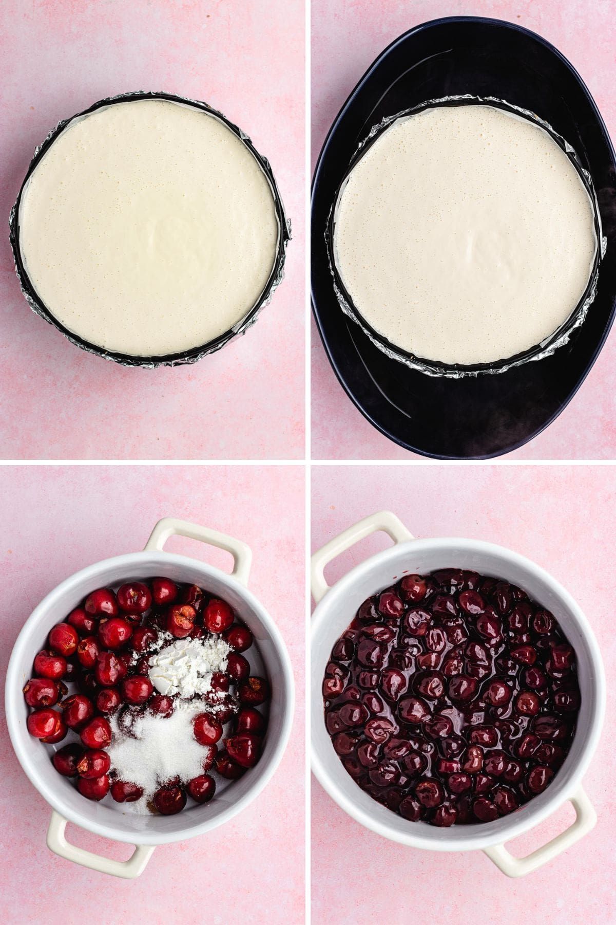 Cherry Cheesecake collage of baking cake and preparing topping