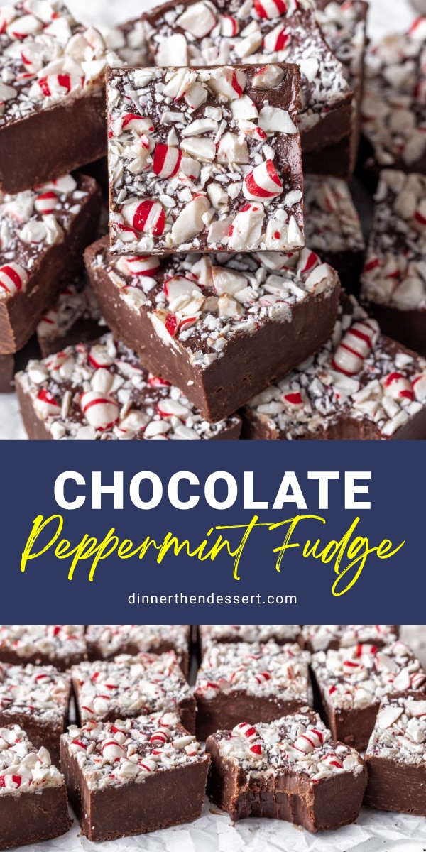 Chocolate Peppermint Fudge collage of finished fudge in stacks
