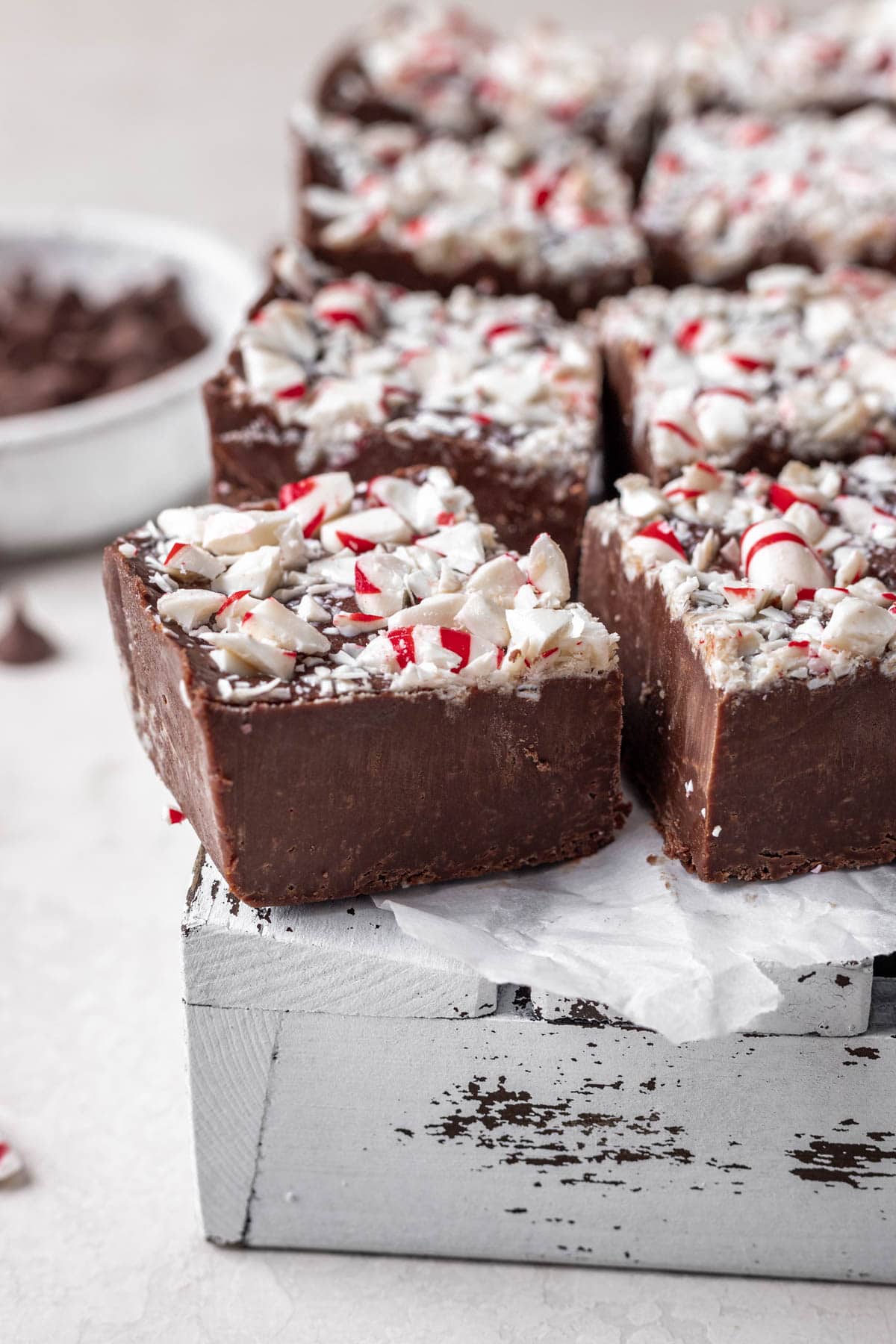 Chocolate Peppermint Fudge finished fudge cut into squares in single layer