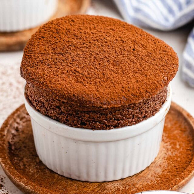 Chocolate dessert topped with cocoa powder.