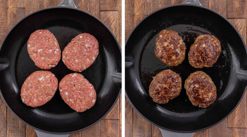 Chopped Steak patties cooking in skillet before and after collage