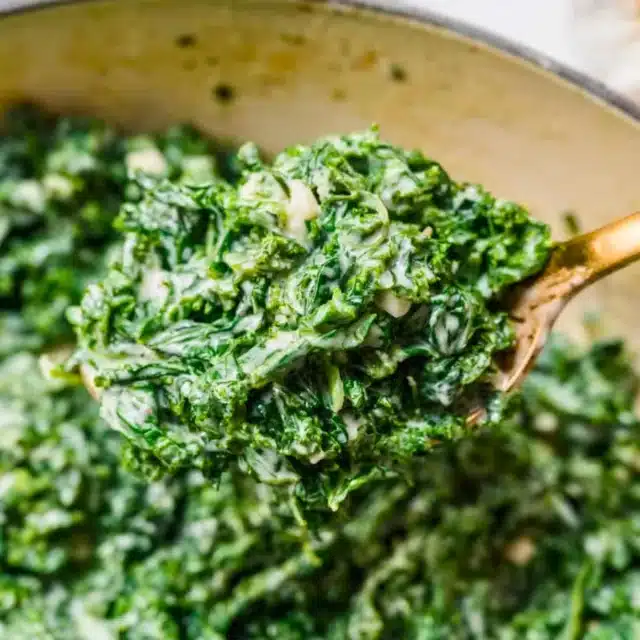 Spoonful of creamy greens from pot