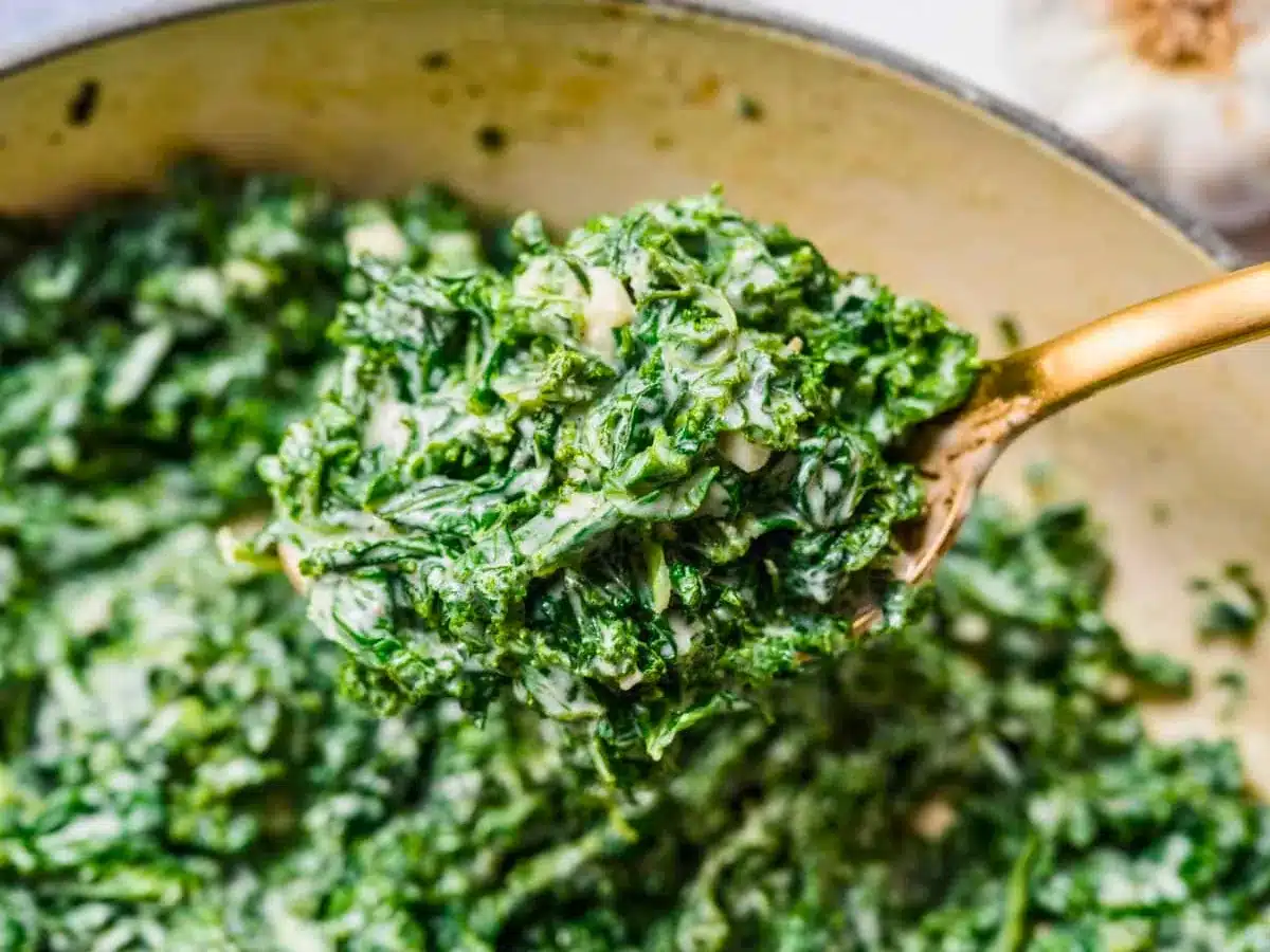 Spoonful of creamy greens from pot