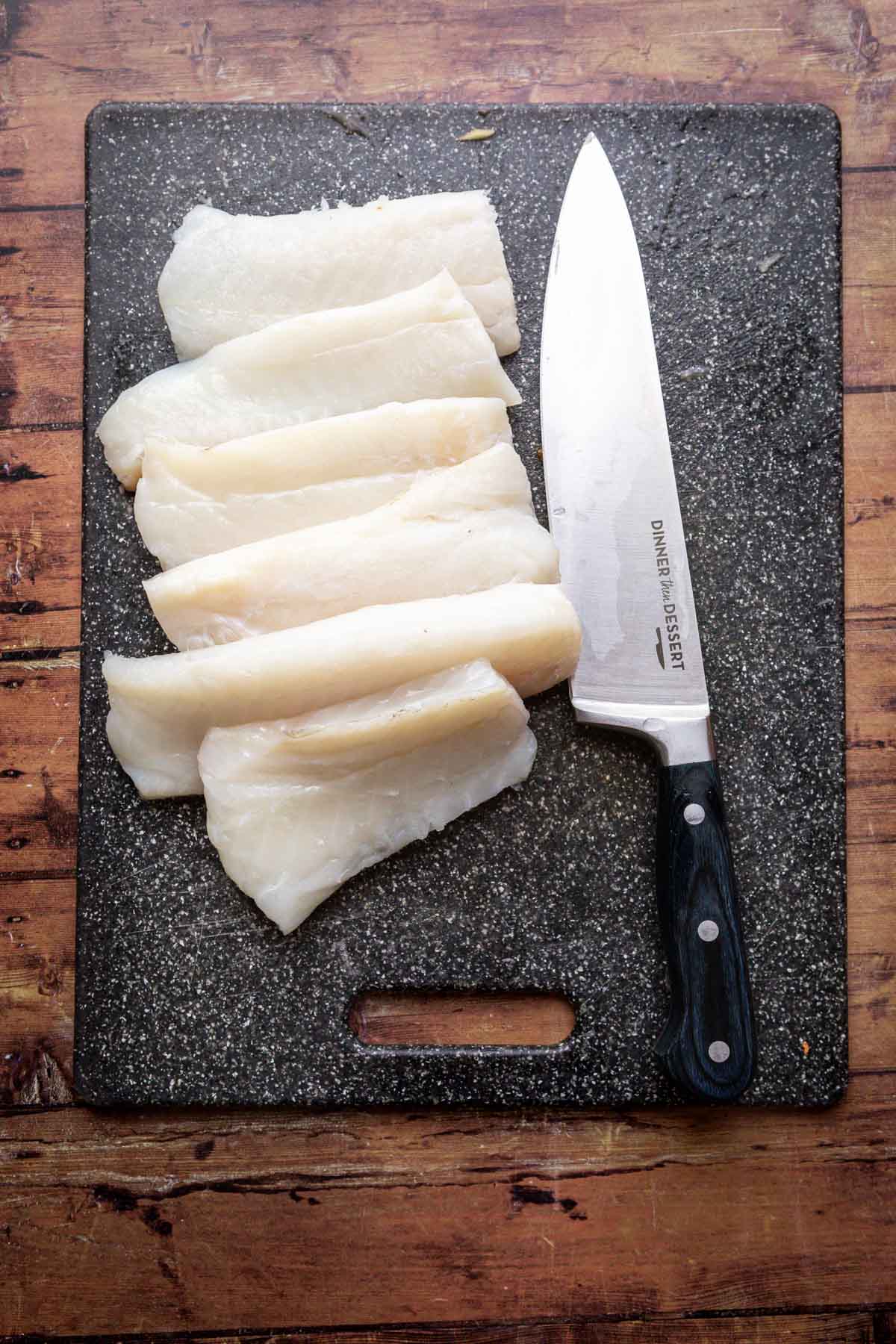 Fish Soup fish fillets and knife on cutting board