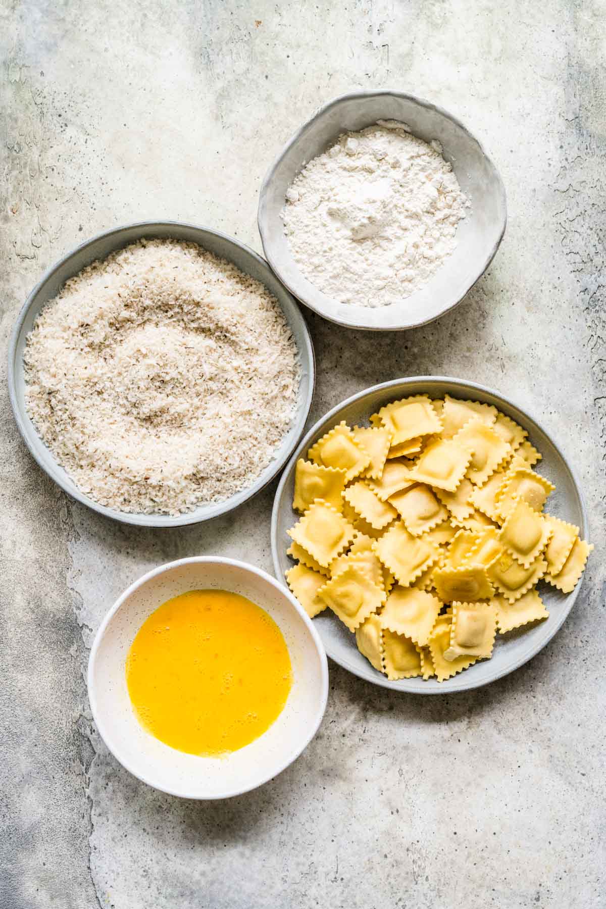 Fried Ravioli ingredients in separate bowls