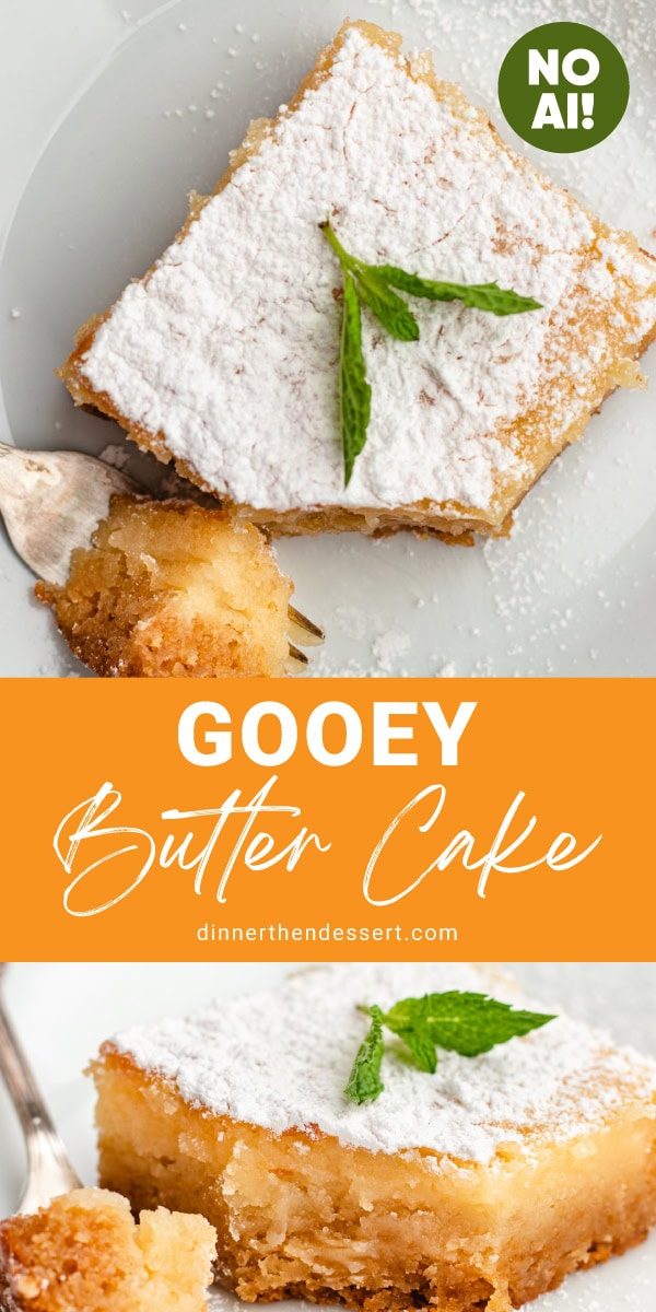 Cake showing flakey butter layers, topped with powdered sugar and a mint leaf, plated with a fork.