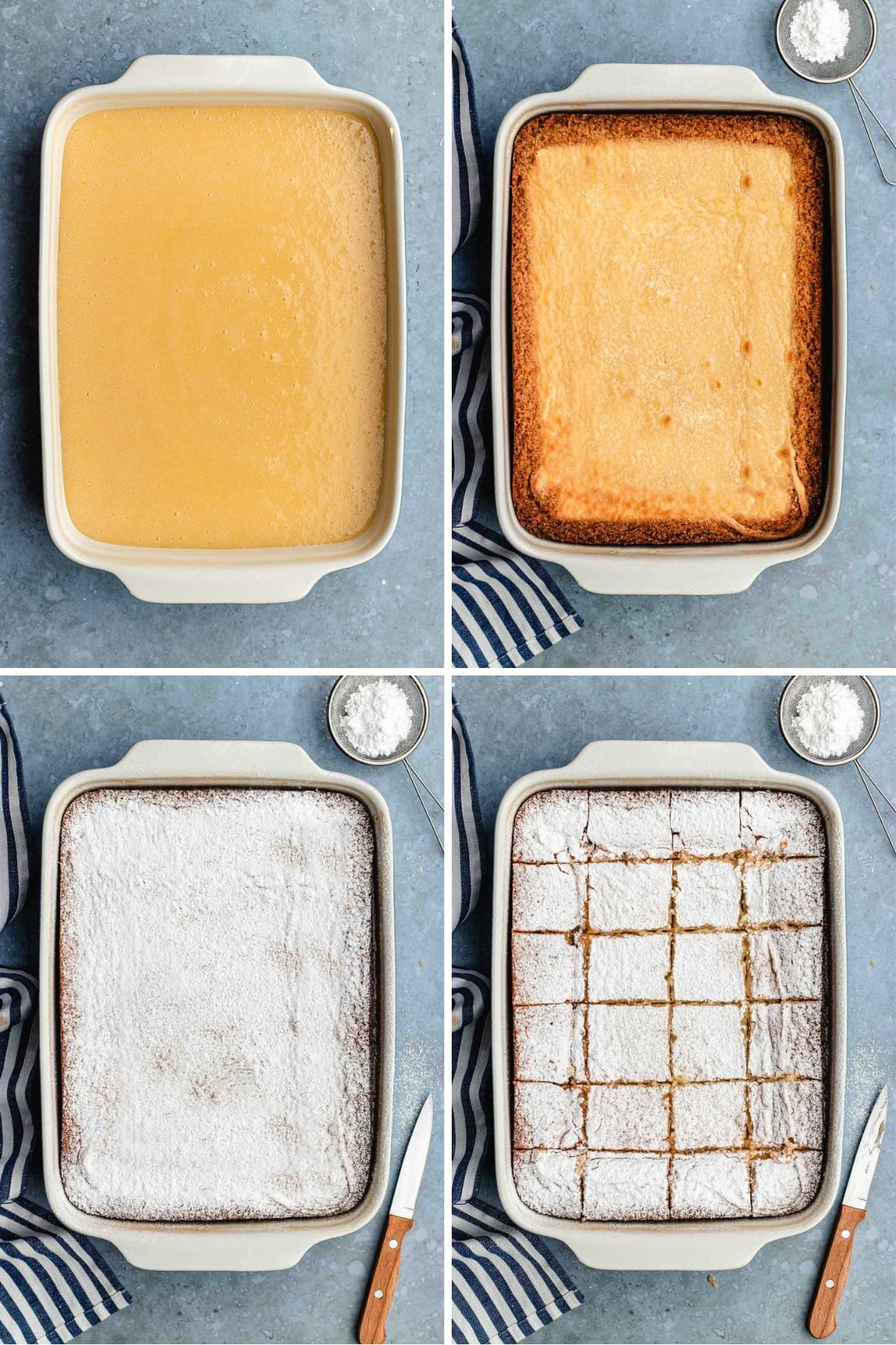 Gooey Butter Cake four picture collage, baking and frosting baked cake