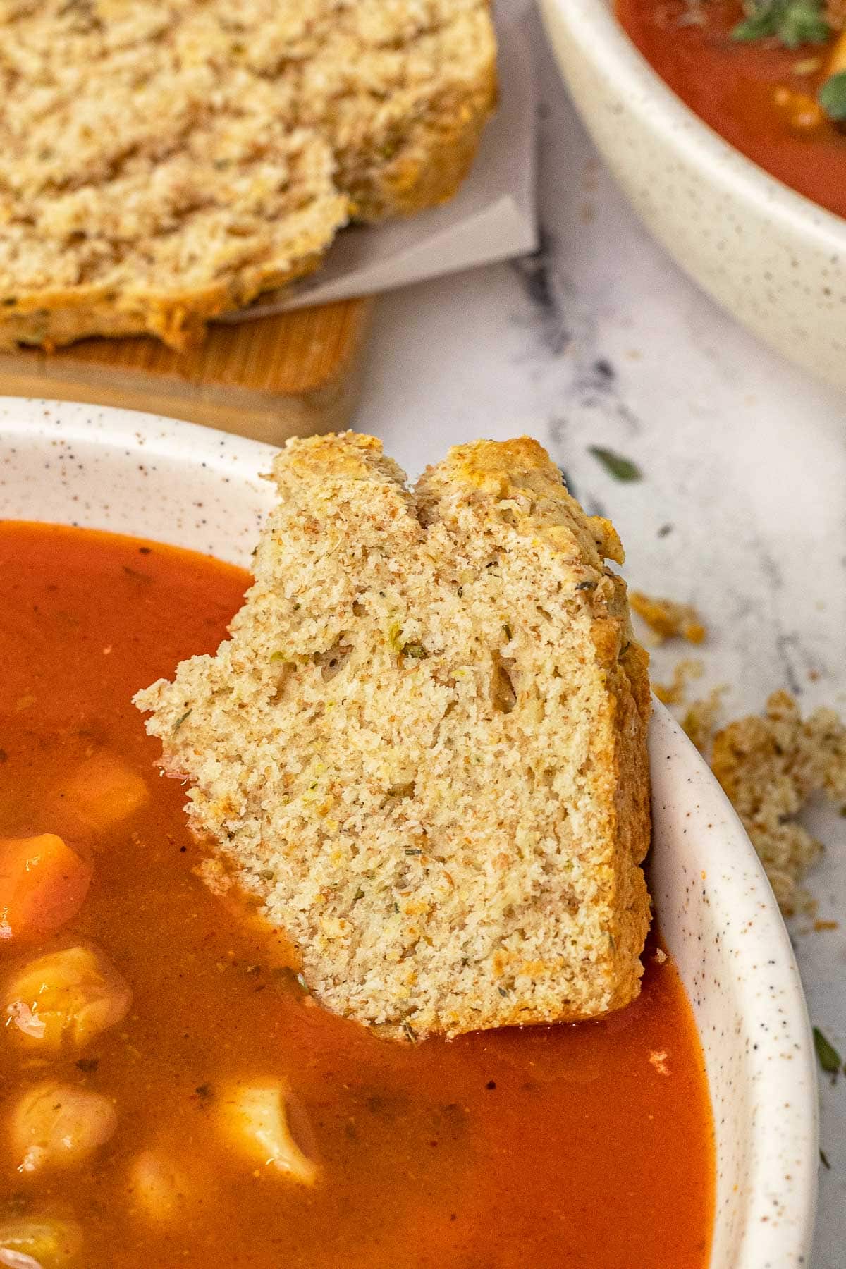 Herb Quick Bread baked bread slices and tomato soup