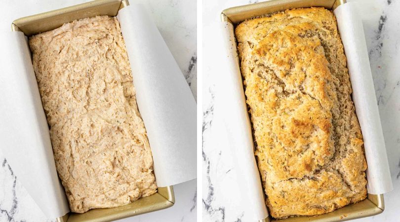 Herb Quick Bread batter in pan and baked bread collage