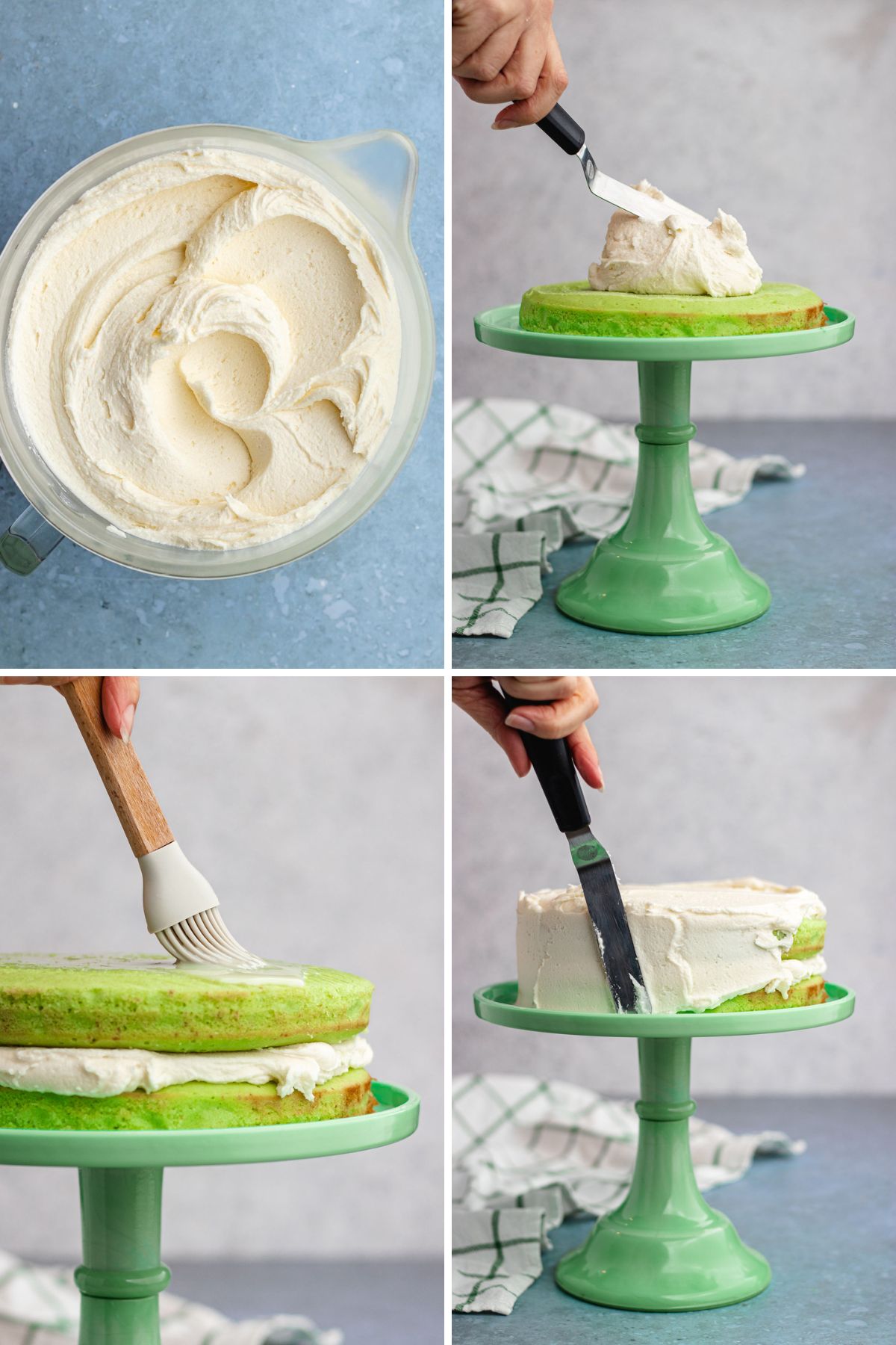 Key Lime Cake collage frosting cake on stand.