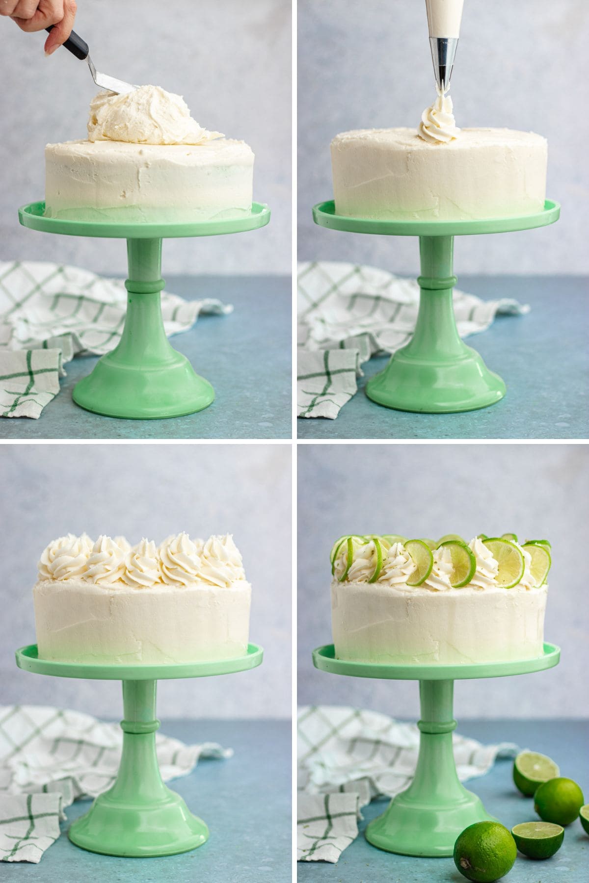 Key Lime Cake collage decorating cake on stand.