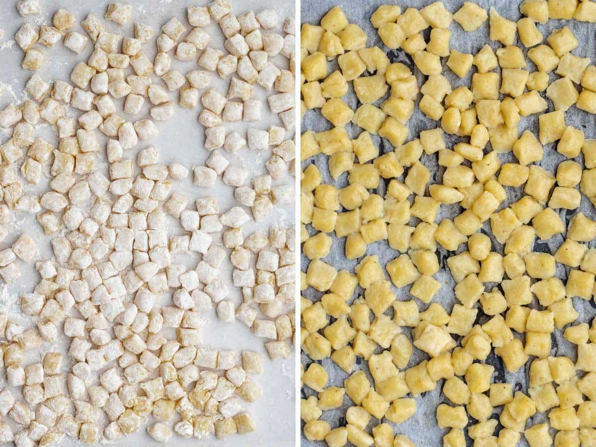 Potato Gnocchi collage before and after boiling gnocchi