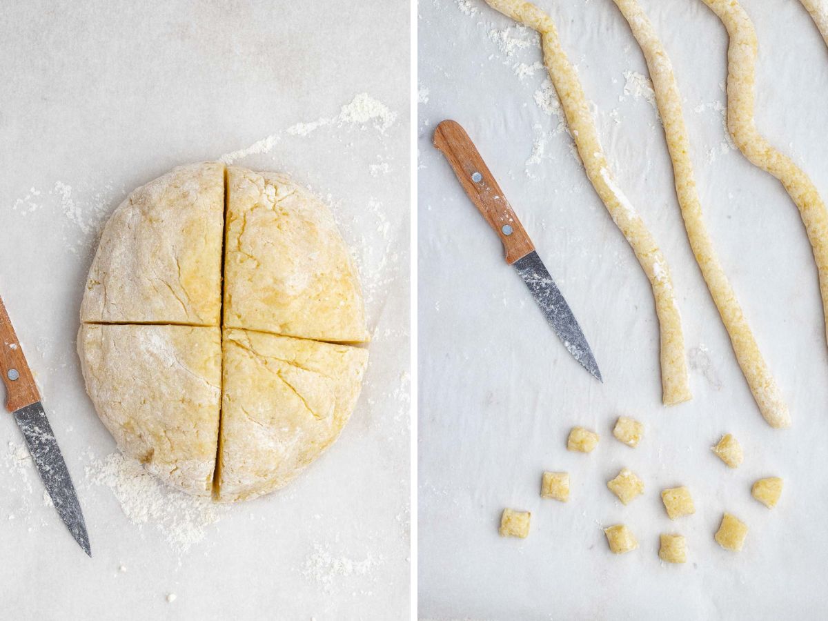 Potato Gnocchi collage shaping and cutting dough
