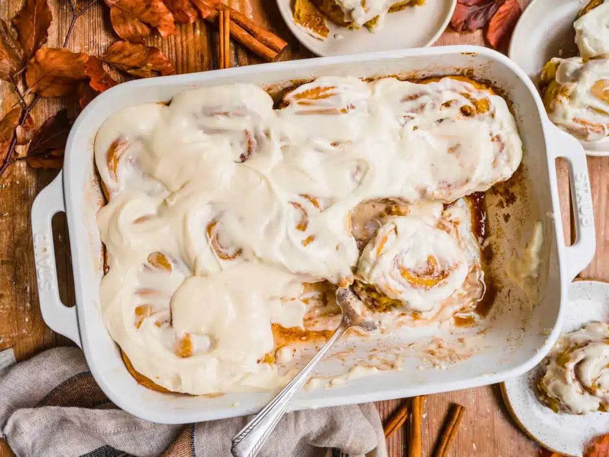 Pan of cinnamon rolls with fork