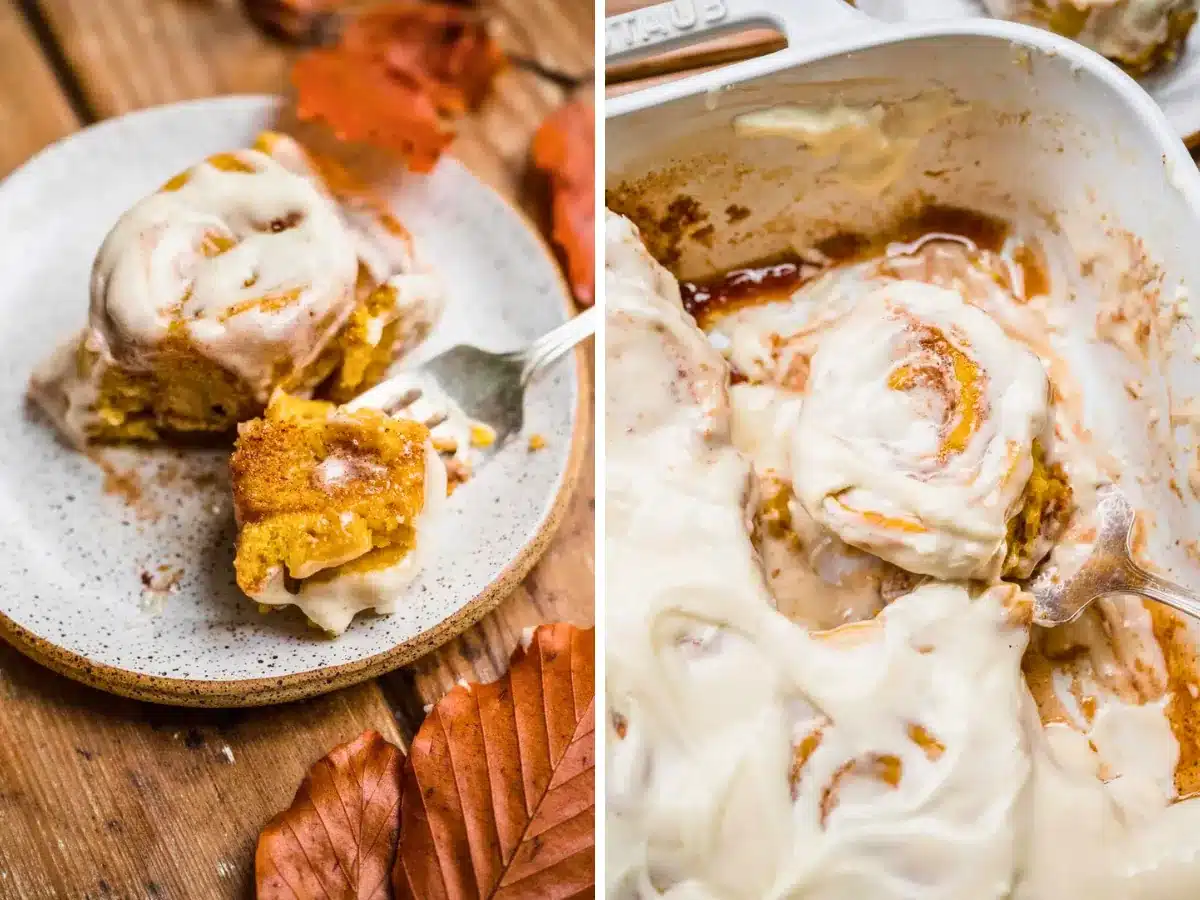 Side by side of cinnamon rolls on plate and in pan
